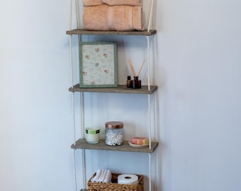 4 Tier Hanging Bathroom Shelf | Over Toilet Storage Shelf | Rope Wall Shelf