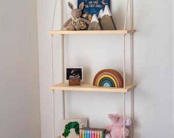 3 Tier Nursery Hanging Shelf | Baby Room Wall Shelf | Rope Shelf Decor