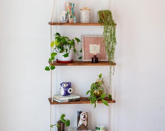 4 Tier Boho Hanging Shelf | Bohemian Wall Decor Shelf | Rope Hanging Shelf