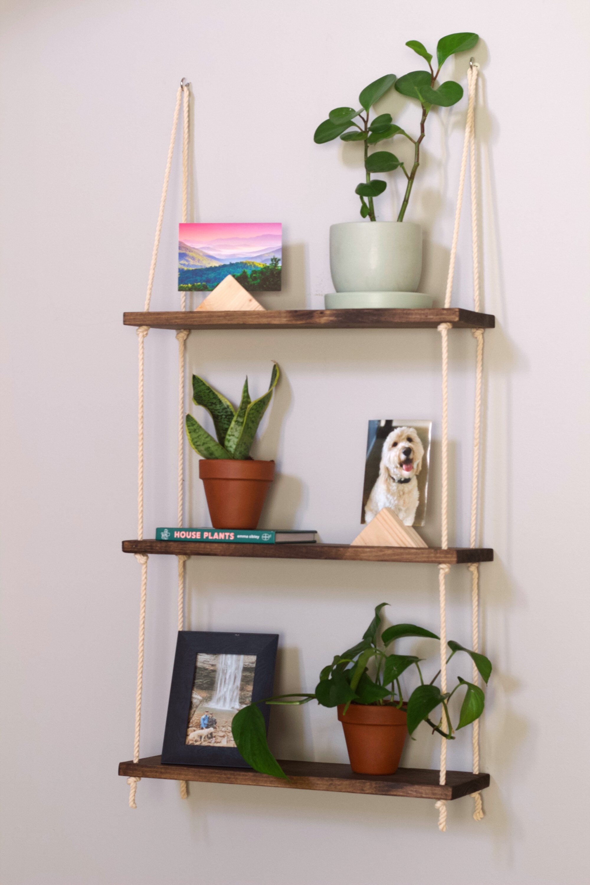 LIANTRAL Hanging Shelves 3 Tier Tiered Wood Shelves Rack Rope Shelf