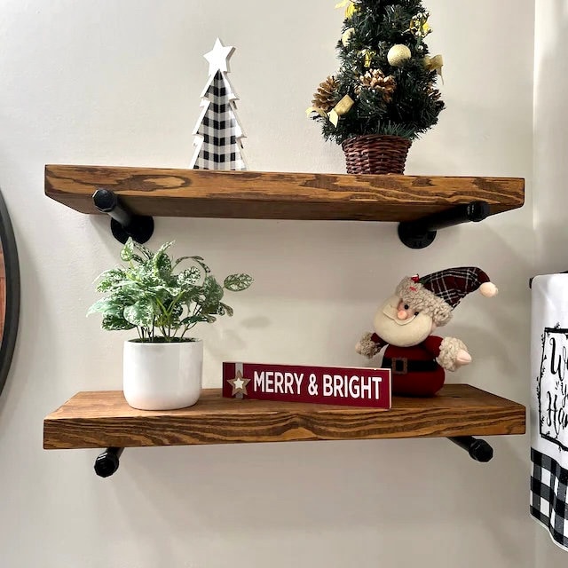 Homeforia Rustic Floating Shelves Set Of 2 - 16x6.5x1.75 Inch Honey Oak Wood Wall Shelves For Kitchen, Bathroom, Living Room - View #5