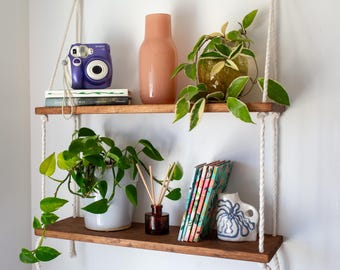 Boho Hanging Shelf | Bohemian Wall Decor Shelf | Rope Hanging Shelf | 2 Tiered Wall Shelf