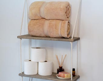 2 Tiered Hanging Bathroom Shelf | Over Toilet Storage Shelf | Small Space Wall Storage | Rope Shelf