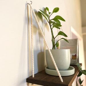May include: Two wooden shelves with rope hanging from a hook on a white wall. The shelves are holding potted plants. The top shelf has a light blue pot with a green plant and a light blue saucer. The bottom shelf has a green plant in a light blue pot with a white saucer.