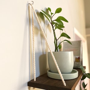 May include: Two wooden shelves with rope hanging from a hook on a white wall. The shelves are holding potted plants. The top shelf has a light blue pot with a green plant and a light blue saucer. The bottom shelf has a green plant in a light blue pot with a white saucer.