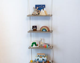 4 Tier Nursery Hanging Shelf | Baby Room Wall Shelf | Rope Shelf Decor
