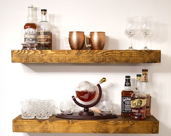 Bar Shelf | Wine Rack | Whiskey Shelf | Wood Floating Shelves | Kitchen Shelf | Bar Décor | Cocktail Shelf | Wall-Mounted Bar