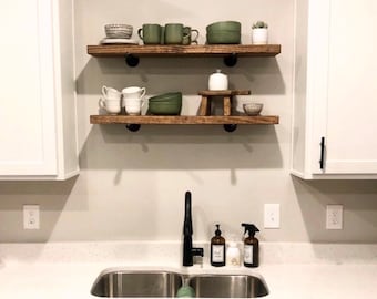 Kitchen Floating Shelf | Farmhouse Shelf | Rustic Wood Shelves | Industrial Pipe Shelf | Bathroom Shelf | Solid Wood Shelf | Storage Shelf