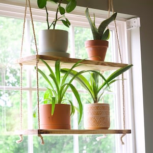 May include: Two wooden shelves suspended from the ceiling by ropes, holding potted plants. The shelves are mounted in front of a window with a view of green trees.