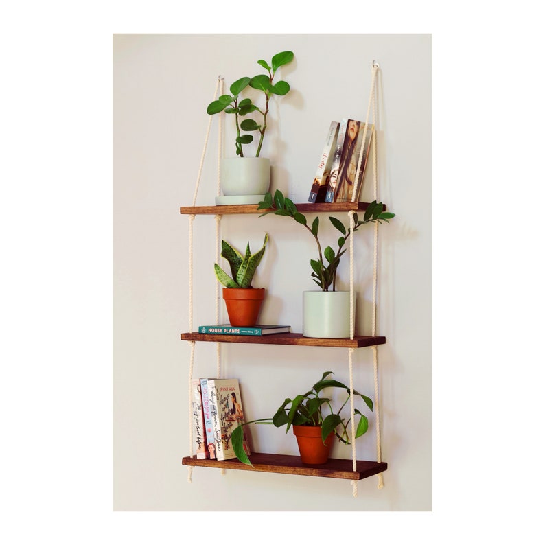May include: Three wooden shelves with rope hangers, each shelf holding potted plants and books. The top shelf has a potted plant and a stack of books. The middle shelf has a potted plant and a book titled "House Plants". The bottom shelf has a potted plant and a stack of books.