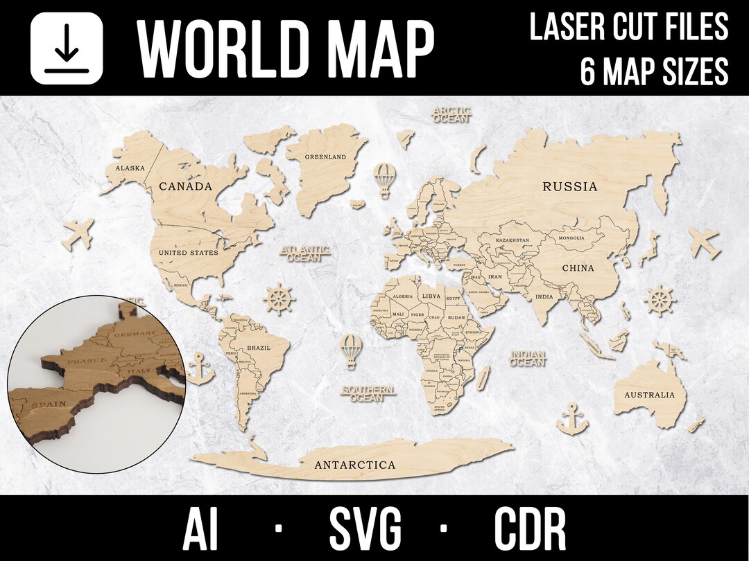 Laser Cut World Map Digital File, World Map Template, SVG World Map