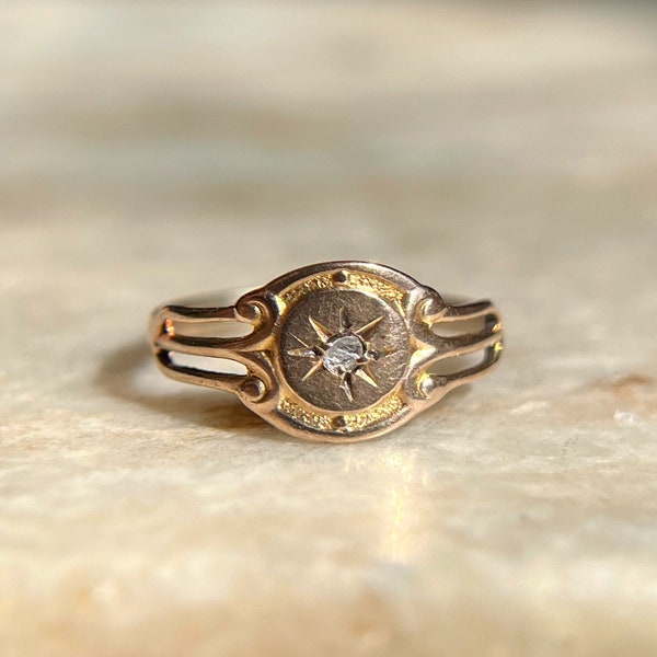 Antique 9K Solid Rosy Yellow Gold Midi Pinky Ring, Size 0 / Tiny Vintage Diamond Starset Starburst Celestial Band