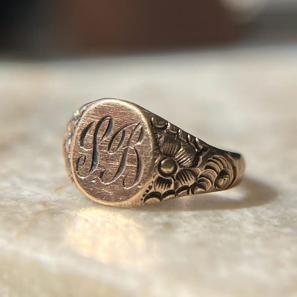 Antique 9K Rosy Yellow Gold Signet Pinky Midi Ring, Size 2 / Vintage Chunky Solid Gold Ring / Letter Initial Monogram SB PB LB