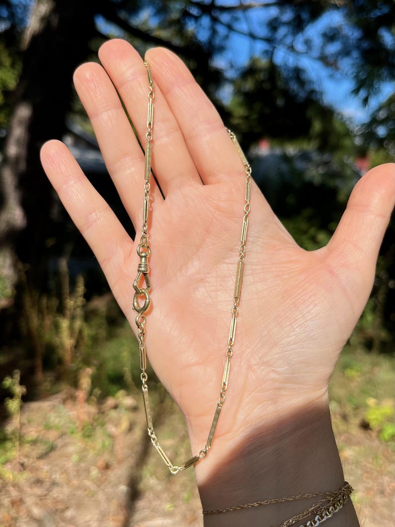 Antique 14K Solid Green Yellow Gold Watch Chain 14.25" Long 10.9 grams / 1920 Art Deco Bar Link Choker Short Necklace Dog Clip Bolt Clasp