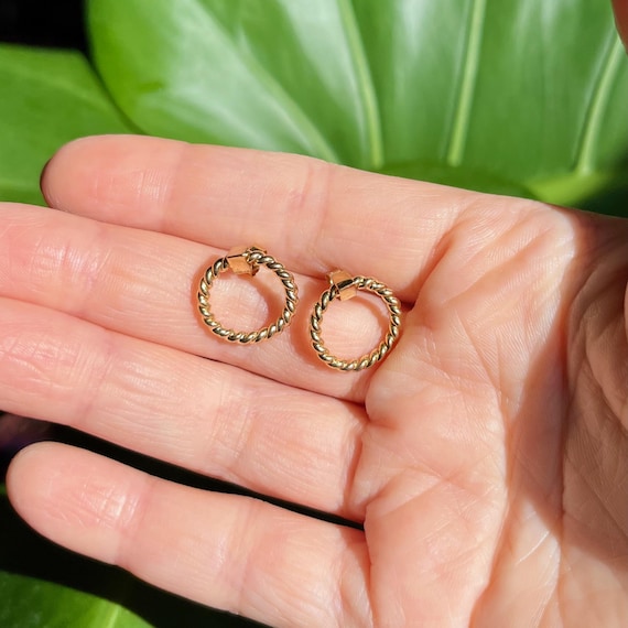 Vintage Solid 9K Yellow Gold Rope Circle Earrings / Twisted Hoops / 1/2 inch, 2 mm thick