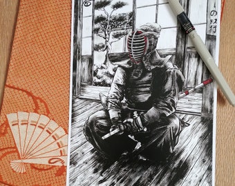 May include: A black and white ink illustration of a kendo practitioner wearing a protective men mask and armor, kneeling on a wooden floor. The drawing features a bonsai tree in the background and a grey fine-liner pen resting on the paper.