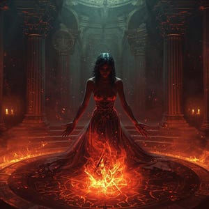 Puede incluir: Ilustración digital de una mujer con un vestido rojo en una cámara circular con pilares. Las llamas brotan del centro, y la escena está bañada en luz roja y naranja, creando una atmósfera dramática y mística.