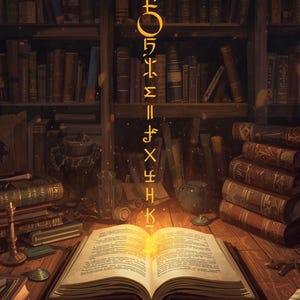 May include: An open book with glowing pages sits on a wooden desk, surrounded by stacks of books and a bookshelf filled with aged volumes. The scene is illuminated by a warm, inviting light, suggesting a study or library setting.