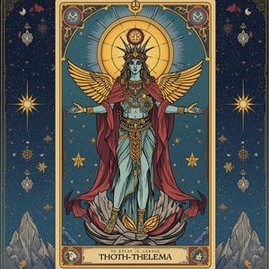 Può includere: Illustrazione di carta dei tarocchi con una figura celeste con ali dorate, una corona e un mantello rosso. La figura si erge su uno sfondo blu stellato. La carta è incorniciata con bordi dorati e include il testo "THOTH-THELEMA".