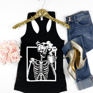 Hot Coffee Skeleton Tanks,Skull Goth Shirts for Women,Funny Birthday Gifts, Gift for Best Friends,Women's Racerback Tank,Halloween Tank Top