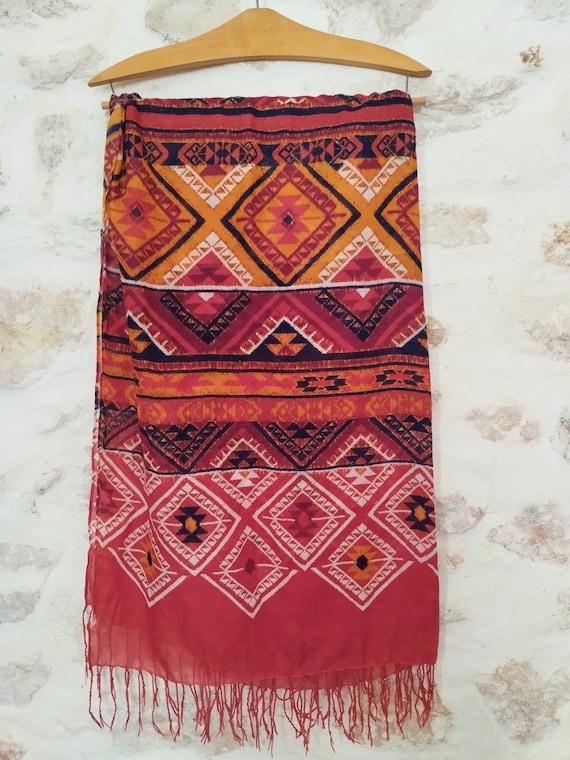 Secondhand Red Aztec Boho Scarf Woman, Recycled B… - image 1