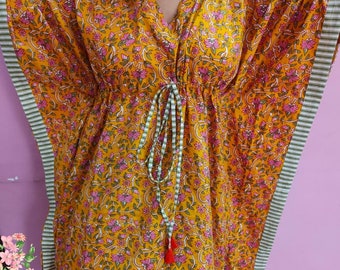 Floral Print Cotton Caftan Robe, Kaftan Indian Boho Dress