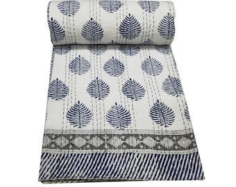 New Beautiful Blue White Hand Block Print Kantha Quilt Indian Cotton Handmade Bedspread Kantha Bedding Throw Kantha Queen/King Size  Blanket