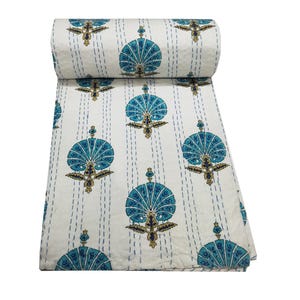 Colcha Kantha de algodão com estampa de bloco de mão, roupa de cama indiana Kantha feita à mão, tamanho king/queen, decoração de casa, manta de inverno boho