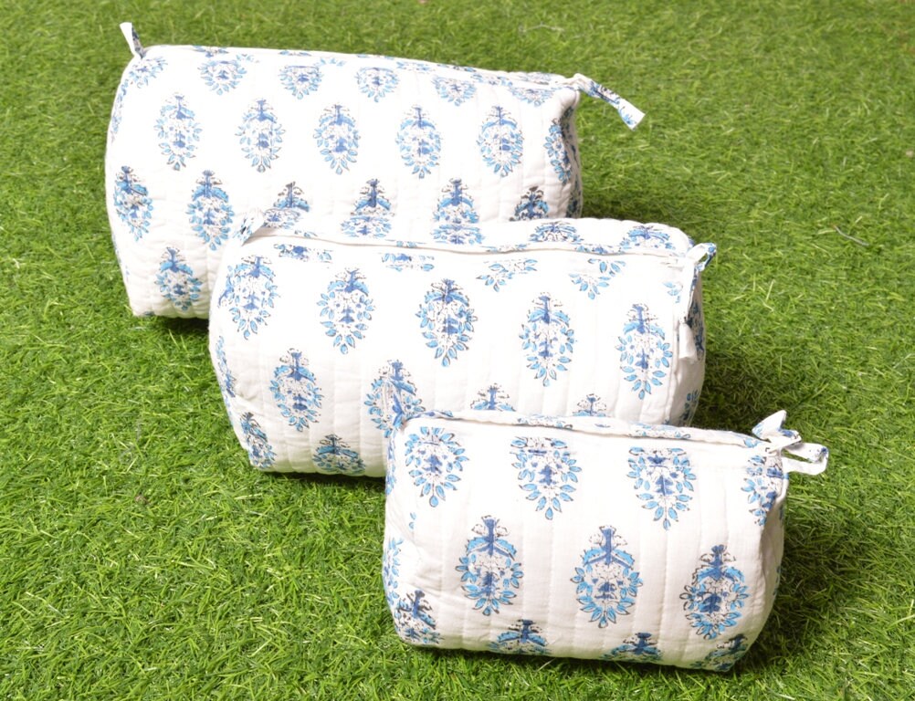 Floral Indian Hand Block Print Quilted Pouch Designer Toiletry Bag 3 Piece  Set