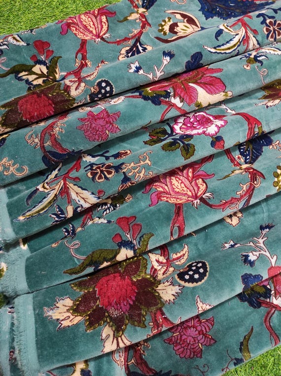 Floral Velvet Fabric By The Yard, Indian Stone Blue, Upholstery Sewing