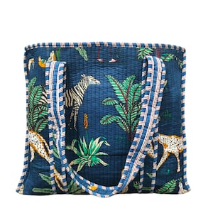 Nouveau sac fourre-tout indien bleu foncé en coton à imprimé animal Sac fourre-tout indien fait main en tissu matelassé imprimé Cadeaux pour elle Sac de marché Sacs à bandoulière