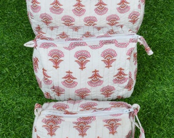 Set of 3 Pieces Indian Cotton Floral Hand Block Print Toiletry Bag,Travel bag,Make up Pouch,Quilted Wash Bag,Shaving Kit, Vanity Case