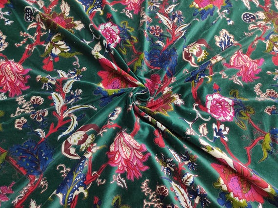 Floral Printed Velvet Fabric, Indian Sewing Material By The Yard