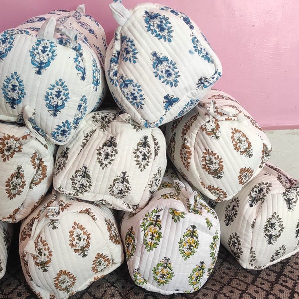 Floral Hand Block Print Toiletry Bag, Cotton Quilted Makeup Pouch