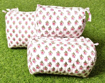 Indian Handmade Block Print Toiletry Bag Set, Quilted Cotton Travel Pouch Set of 3 PCS Stationery Cosmetic Market Travel Pouch