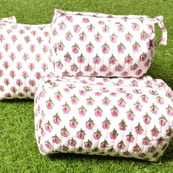 Lot de 3 pièces de toilette en coton indien, imprimé floral bloc main, trousse de voyage, trousse de maquillage, trousse de toilette matelassée, nécessaire de rasage, trousse de toilette