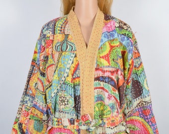 Handmade Luxury Kimono Kantha Robe, Bath Robe, Floral Dressing Gown, Vintage style, 100% Cotton, Quilted Winter Jacket,Christmas Gift