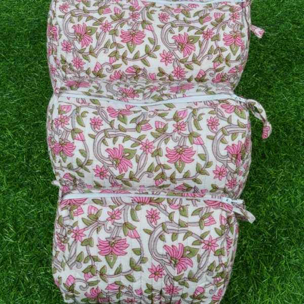 Pink - Floral Hand Block Print Quilted Toiletry Bags (Set of 3) 30