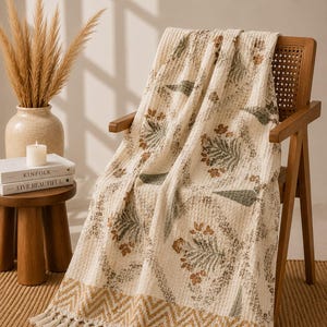 Beautiful Hand Block Printed Cotton Geometric Floral Waffle Throw Boho Kantha Quilt, Lightweight Bohemian Sofa & Bed Cover