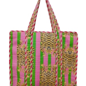 Rosa tibetische Tiger Print Baumwolle gesteppter Reißverschluss Große Einkaufstasche, Boho Hand Reisetasche, handgefertigte Taschen, Strandtasche für Frauen Tragetaschen