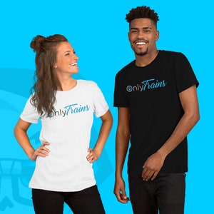 May include: Two people wearing t-shirts with the text "OnlyTrains" in blue lettering on a white background and a black background.