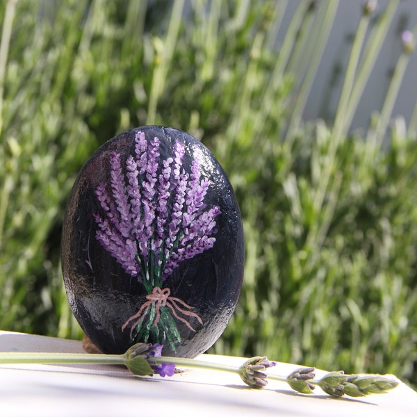 Painted Lavender flowers on a rock, Perfect gift or Decoration item, Brush painted with Acrylics on a stone, Handmade art craft