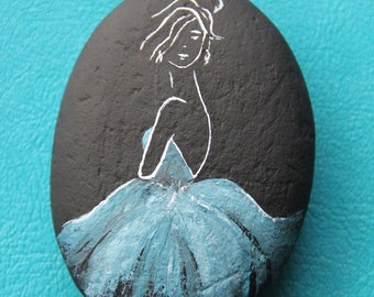 Girl in a Blue dress painted on stone,Minimalistic silhouette, Perfect gift or Decoration item,Handmade art craft