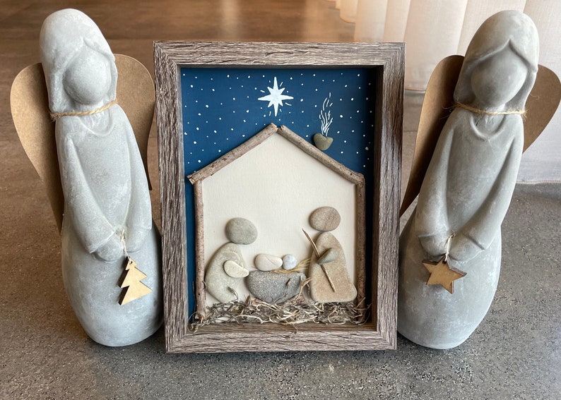 Pebble Art nativity Sceneset in a Wooden Frameperfect Etsy