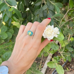 Painted stone ring “Lotus gold”,Unique ring idea on Etsy,Adjustable size ring made of hand painted pebble,One-of-a-kind jewelry,Gift for her
