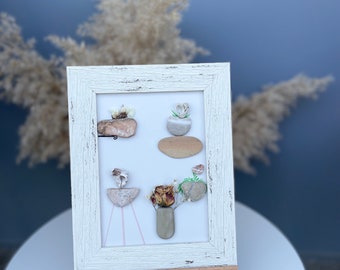 Pebble art “Flowers corner”,Framed wall art decor made of natural beach stones and real flowers,One of a kind gift for someone special