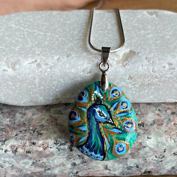 Hand painted stone pendant necklace “Be a peacock”,Majestic design miniature painting on a beach pebble,Unique handcrafted jewelry for her