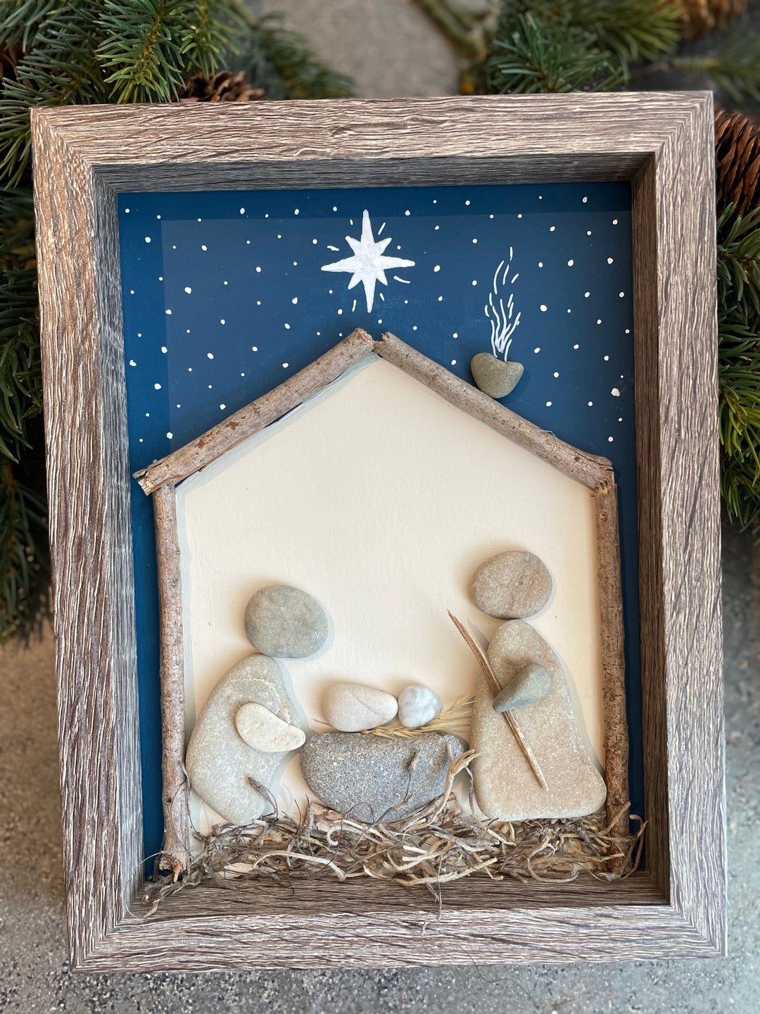 Pebble Art nativity Scene,set in a Wooden Frame,perfect Artwork for