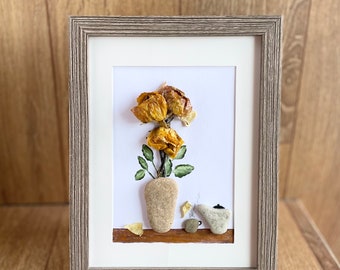 Pebble art “Flowers at Tea time”,Framed wall art decor made of natural beach stones and flowers,One of a kind gift for someone special