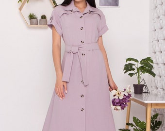 Lavender Robe Dress with Belt, Buttoned Women's Midi Dress, Spring/Summer Short Sleeve Dress, Modest Robe Dress, Purple Midi Fitted Dress
